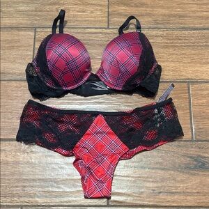 Victoria's Secret Red Plaid and Black Lace Bra Set